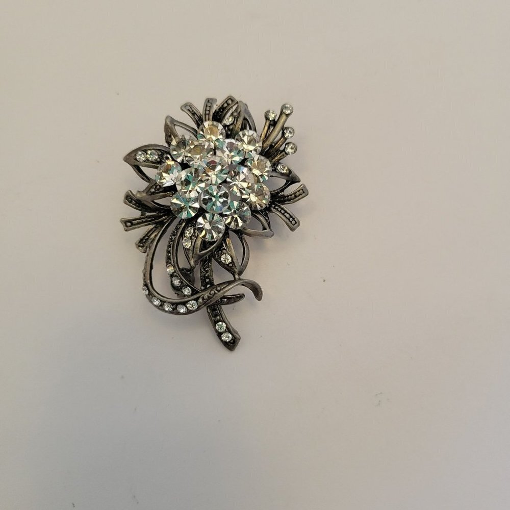 Silver Flower Blingy Rhinestone Brooch - 1.5"
